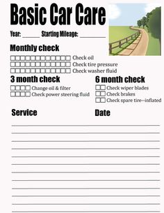 a printable car care check sheet with the words basic car care written on it