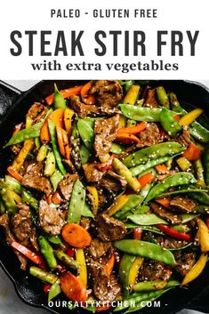 steak stir fry with vegetables in a skillet