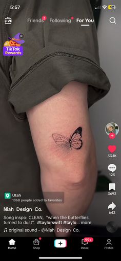 a small butterfly tattoo on the right arm and leg, with an instagramt below it