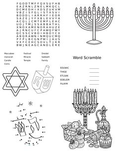 the word scramble worksheet for hanukkah and menorah with pictures