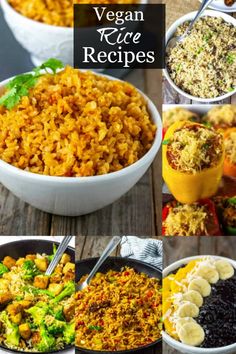 vegan rice recipe collage with pictures of different types of rice and vegetables in bowls