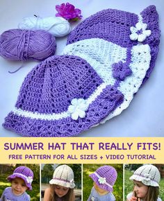 the crocheted hat is ready to be knitted in purple, white and gray