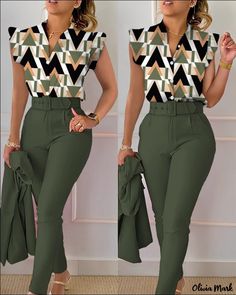 Olivia Mark - Fashion-Forward Floral Print Blouse with Ruffled Sleeves, Paired with Solid Color Pants and Waist Belt Green Casual Blouse For Office, Casual Green Blouse For Office Wear, Spring Workwear Sets In Khaki, Spring Workwear Khaki Sets, Khaki Workwear Sets For Spring, Green Office Sets For Fall, Mid Waist Pants, Color Pants, Solid Color Pants