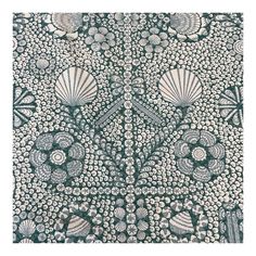 an intricately designed wallpaper with shells and flowers in black, white and grey