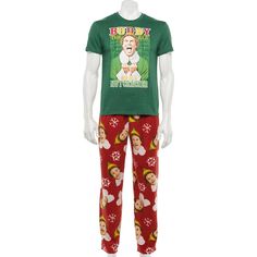 Men's $60 Buddy the Elf Nutcracker Pajama Set in Gift Box. Size Large. BRAND NEW IN BOX. Festive and fun pajama set by Briefly Stated featuring Buddy the Elf from the 2003 movie Elf starring Will Ferrell. Licensed by Warner Bros. The two-piece set includes a green T-shirt with crew neck, short sleeves and a graphic with a wild-eyed Buddy and the title "Buddy the Elf" and famous catch phrase "Son of a Nutcracker." The red fleece pants have an elastic waistband and an all-over print of snowflakes and Buddy faces. The pants are polyester. The shirt is cotton and polyester. Machine wash. Comes in a convenient gift box. Retail $60. Elf Nutcracker, Family Matching Pjs, Elf Pajamas, Sleeping Boy, Elf Shirt, Matching Christmas Pajamas, Graphic Material, Mens Pajamas Set, Christmas Pajama Set