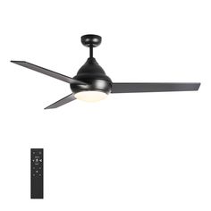 a black ceiling fan with a light on it and remote control in front of white background