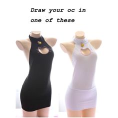 two mannequins with dresses on display in front of the same sign that says draw your o'n one of these