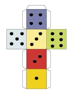 an open box with four different colored dices in it and one is missing the top