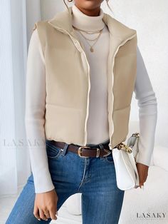 Lasaky - Womens Solid High Neck Sleeveless Puffy Vest with Zip Closure, Casual Thermal Outerwear Solid Sleeveless Vest For Winter, Trendy Beige Winter Vest, Winter Sleeveless Stretch Vest, Trendy White Tank Top For Winter, Trendy White Winter Tank Top, Fitted Beige Winter Vest, Puffy Vest, High Neck Sleeveless, Padded Coat