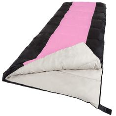 a pink and black sleeping bag on a white background