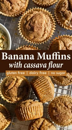 banana muffins with cassava flour are cooling on a wire rack and surrounded by other muffins