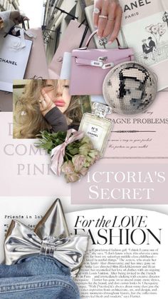 an advertisement for victoria's secret, featuring pink purses and other items from the collection