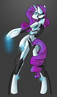 a drawing of a robot with purple hair and blue eyes, holding a light saber