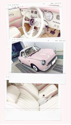 two photographs of pink cars with white leather seats and steering wheel, one in the process of being restored