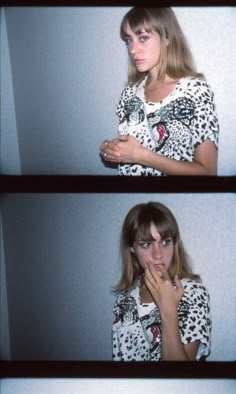 two pictures of a woman with her hand on her mouth