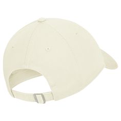 a white baseball cap with a metal buckle on the front and side panel, facing forward