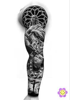 a man's leg with an image of the virgin mary and jesus on it