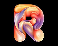 the letter k is made up of colorful swirls on a black background with an orange and pink color scheme