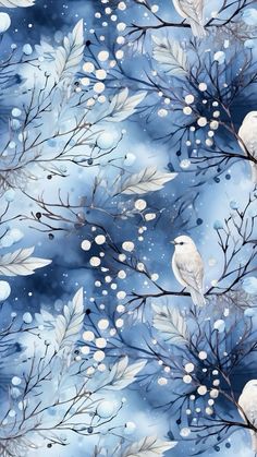 a painting of birds sitting on branches with snow and berries in the sky behind them