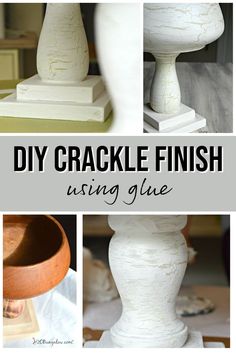 the words diy crackle finish using glue are overlaid with images of vases