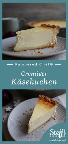 two slices of cremer kasekuchen on white plates