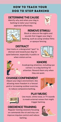 a pink poster with instructions on how to teach your dog to stop barking in the house