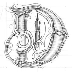 a drawing of the letter g with a pen in it's center and an ornate design