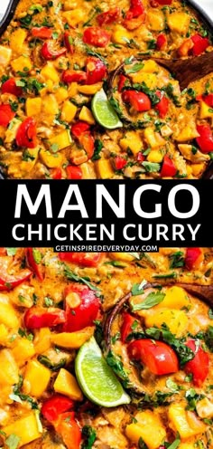 mango chicken curry in a pan with limes and tomatoes