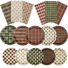 plaid paper plates and napkins are arranged in different patterns, shapes and sizes on a white background