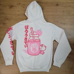 New Without Tags Sanrio Hello Kitty Strawberry Milk Hoodie. Super Soft, Cute, And Unique Hard To Find Design. No Size Tag. Please See Measurements For Size. Hello Kitty Strawberry, White Hello Kitty, Sanrio Clothes, Hello Kitty Hoodie, Kawaii Outfit Ideas, Kawaii Outfit, Kitty Clothes, Hello Kitty Clothes, Pop Bubble