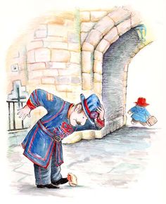 a watercolor drawing of a little boy looking down at the ground with his hat on