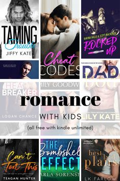 the cover art for romance with kids, featuring four different covers and text that reads