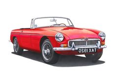 a drawing of an old red car with the top down and it's hood up