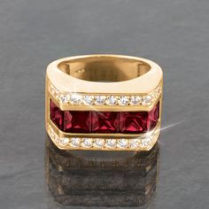 Five striking princess cut vibrant red rich Diamondeau®, flawless simulated diamond, rest pride of place along the center, flanked either side by classic white gems. Making this a real stunning conversation piece. A modern look he'll be sure to treasure. Mens Ruby Ring, Italian Suit, Mens Rings, Signet Ring Men, Fancy Rings, Sterling Silver Mens Rings, Mens Engagement, Garnet Jewelry, Fashion Suits