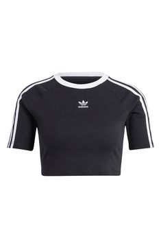 Signature 3-stripes race over the shoulders of a classic baby tee knit from a stretch-cotton blend. Crewneck Short sleeves 94% cotton, 6% elastane Machine wash, line dry Imported Adidas Adibreak, Adidas Tee, Adidas Original, Adidas Crop, Baby Tees, Adidas Outfit, Baby T Shirts, Streetwear Women, Adidas Online