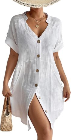 This Lightweight Pocketed Short Sleeve Beach Dress is a versatile and stylish option for any beach day. Made from lightweight fabric, it offers a comfortable and breathable fit. With convenient pockets, you can easily carry your essentials without sacrificing style. Stay cool and chic with this must-have beach dress. This women's bikini cover up is made of cotton fabric with excellent skin-friendliness and softness, lightweight and breathable Brown buttons add style to the solid-colored swimsuit Cotton One Piece Dresses, White Dress Summer Casual, Beach Wear For Women, Coverups Beach, Beach Looks, Beach Cover Up Dress, Short Sleeve Kimono, Leather Midi Dress, Beach Kimono