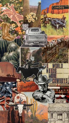 a collage of various images and words in the shape of a cowboy's hat