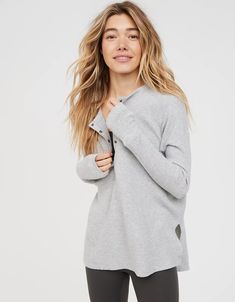 OFFLINE By Aerie Wow! Waffle Henley T-Shirt Aerie Henley Long Sleeve, Henley Outfit Women's, Classy Athleisure Outfits, Postpartum Style, Aerie Clothing, Nursing Outfit, Postpartum Fashion, Waffle Henley, Rugby Fashion