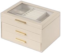 a white jewelry box with two drawers