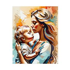 a painting of a woman holding a baby in her arms and looking at the sky