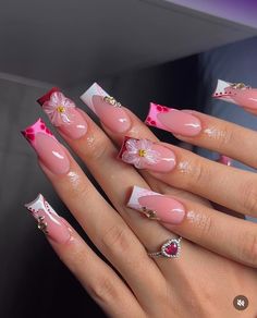 Pink Freestyle Nails, Basic Pink Nails, Purple Nails With Flowers, Cute Pink Nail Ideas, 2000s Nails Acrylic, Pink Nail Ideas, Wow Nails, Dope Nail Designs