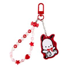 a key chain with a hello kitty charm on it and a red beaded lanyard