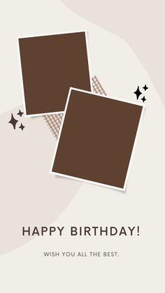 happy birthday card with two brown squares and stars on the left side, in front of a white background