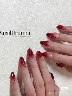 Asian Nails Red, Red Nails Korean, Korean Halloween Nails, Korean Nail Art Red, Red Korean Nails, Red Douyin Nails, Nails Blood Red, Halloween Red Nails, Red Gel Manicure