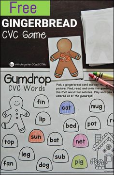 the gingerbread cvc game is next to some crayon markers and pencils