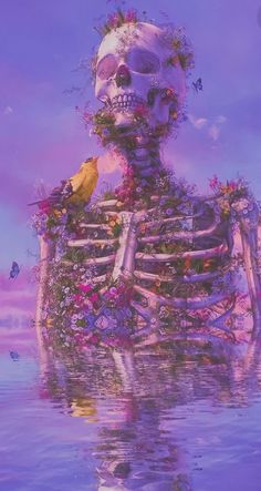 a painting of a skeleton with flowers and birds on it's body in the water