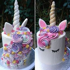 two photos of a unicorn cake with pink and purple frosting on it, one has a