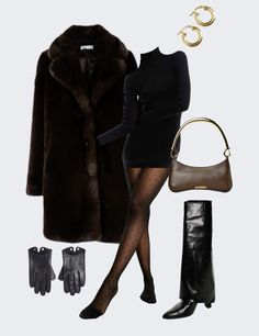 Fur coat outfit ideas for 2024 Mob Wife Fashion Outfit, 90s Glamour Aesthetic, Mob Wife Outfit Ideas, Fur Coats Aesthetic, Black Fur Coat Outfit Classy, Fur Coat Outfit Dressy, Mob Boss Wife Aesthetic, Old Hollywood Outfit Ideas