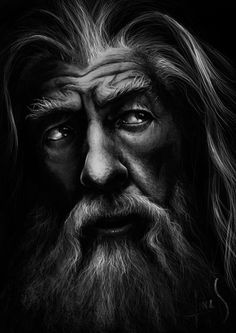 a drawing of an old man with long hair and beards, looking at the camera