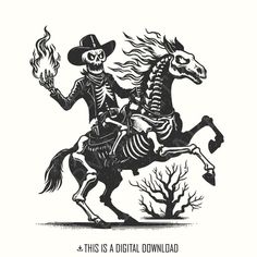 a skeleton riding on the back of a horse wearing a cowboy hat and holding a flame